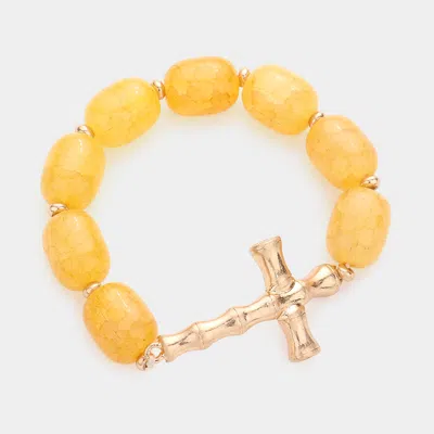 Fashnzfab Metal Bamboo Cross Accented Natural Stone Stretch Bracelet Yellow