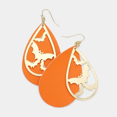 Fashnzfab Metal Bat Accented Faux Leather Teardrop Layered Dangle Earrings In Orange