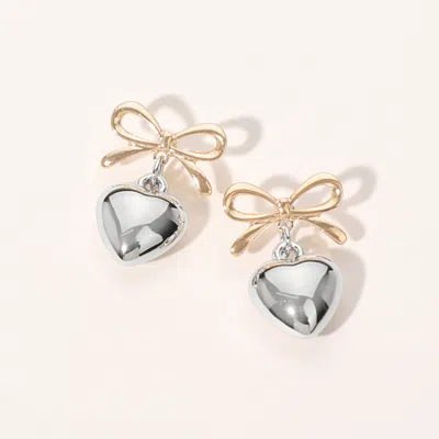 Fashnzfab Metal Bow Heart Dangle Earrings In Gold