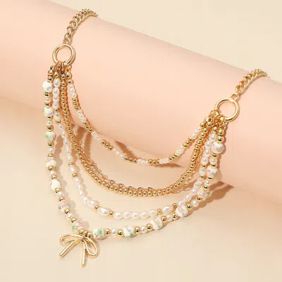Fashnzfab Metal Bow Pendant Floral Ceramic Ball Pearl Beaded Multi Layered Necklace