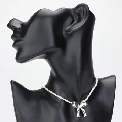 Fashnzfab Metal Bow Pendant Pointed Pearl Choker Necklace In Metallic