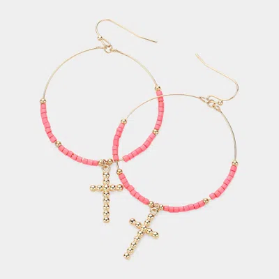 Fashnzfab Metal Bubble Cross Charm Seed Beaded Open Wire Dangle Earrings In Multi