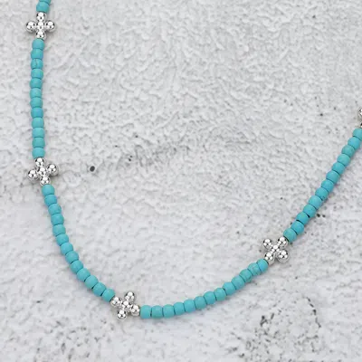 Fashnzfab Metal Bubble Flower Pointed Beaded Necklace In Blue