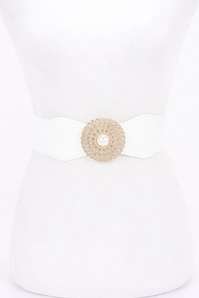 Fashnzfab Metal Buckle Elastic Belt In White