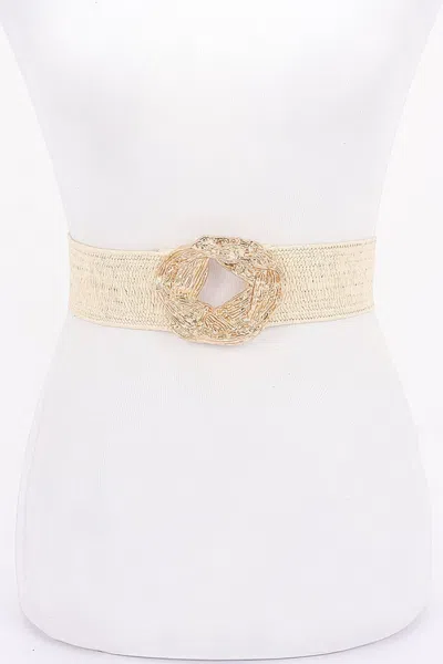 Fashnzfab Metal Buckle Elastic Faux Straw Belt In Beige