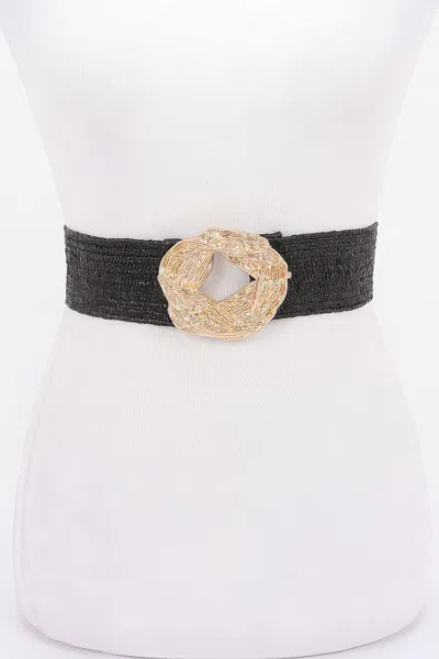 Fashnzfab Metal Buckle Elastic Faux Straw Belt In Black