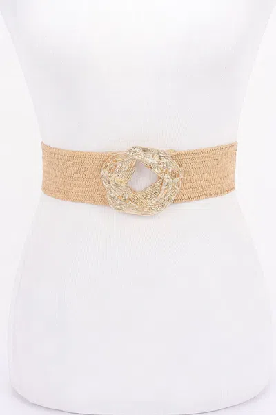 Fashnzfab Metal Buckle Elastic Faux Straw Belt In Green