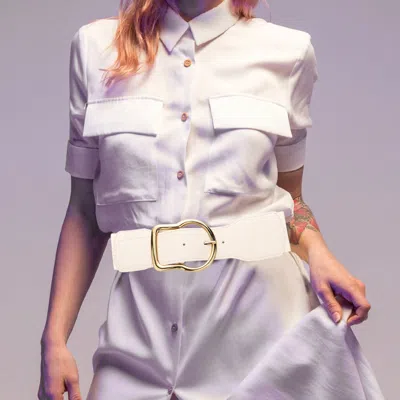 Fashnzfab Metal Buckle Pointed Elastic Belt In White