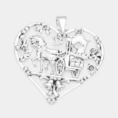Fashnzfab Metal Carriage Christmas Jingle Bell Accented Heart Pendant In Silver