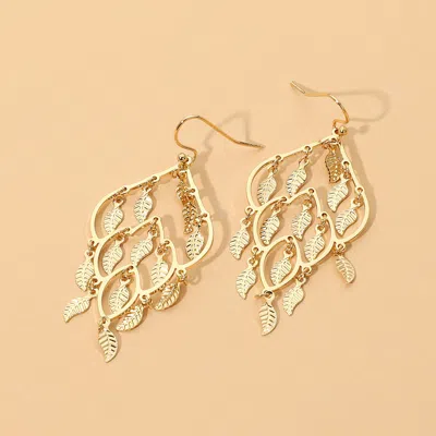 Fashnzfab Metal Cascading Leaf Chandelier Statement Earrings In Gold