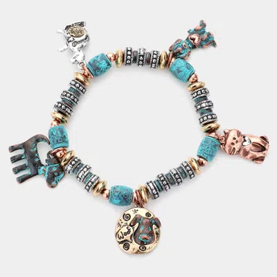 Fashnzfab Metal Cat Dog Charm Station Stretch Bracelet Patina Verdigris In Multi