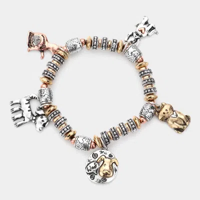 Fashnzfab Metal Cat Dog Charm Station Stretch Bracelet Three Tone In Silver