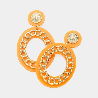 Fashnzfab Metal Chain Accented Open Oval Dangle Earrings In Orange