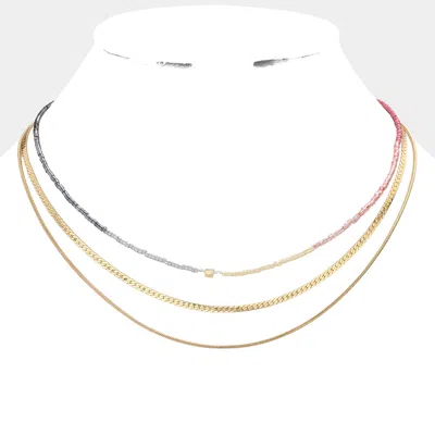 Fashnzfab Metal Chain Beaded Triple Layered Bib Necklace In Gold
