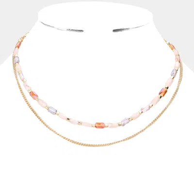 Fashnzfab Metal Chain Colorful Rectangle Beaded Double Layered Necklace In Gold