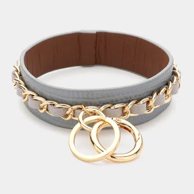Fashnzfab Metal Chain Detail Faux Leather Banlge Keychain / Bracelet Gray