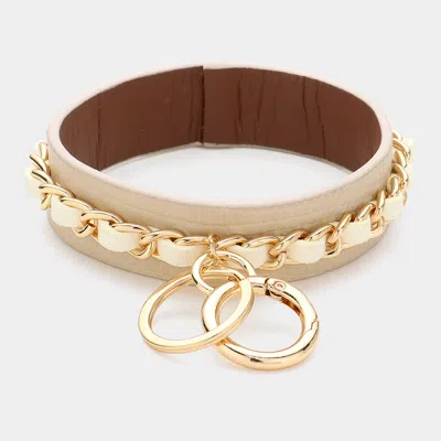 Fashnzfab Metal Chain Detail Faux Leather Banlge Keychain / Bracelet Ivory In Multi