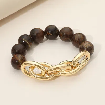 Fashnzfab Metal Chain Link Accent Marbled Ball Beaded Stretch Bracelet In Gold