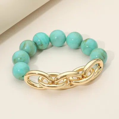 Fashnzfab Metal Chain Link Accent Marbled Ball Beaded Stretch Bracelet In Gold