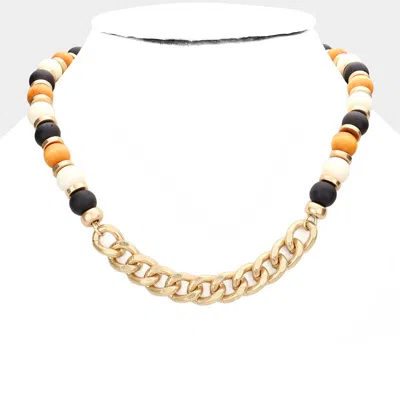 Fashnzfab Metal Chain Link Accented Wood Necklace In Gold