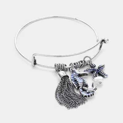 Fashnzfab Metal Chain Tassel & Seahorse Starfish Pearl Charm Hook Bracelet Silver Burnished, White In Multi
