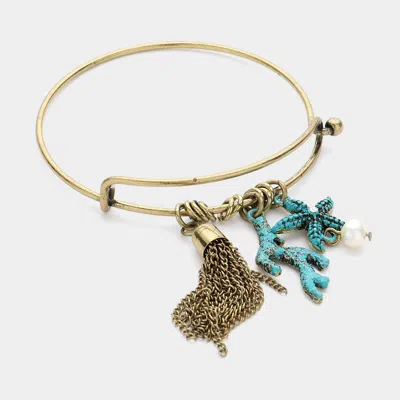 Fashnzfab Metal Chain Tassel & Starfish Pearl Coral Charm Hook Bracelet Gold Burnished, Turquoise In Blue