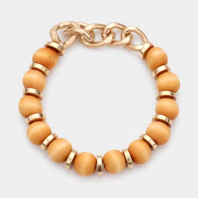 Fashnzfab Metal Chain Wood Ball Stretch Bracelet Brown In Gold