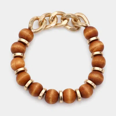 Fashnzfab Metal Chain Wood Ball Stretch Bracelet Dark Brown In Gold