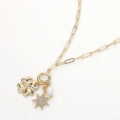 Fashnzfab Metal Closter Pearl Stone Paved Spike Charm Pendant Paperclip Chain Necklace In Purple