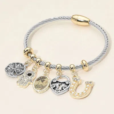 Fashnzfab Metal Clover Coin Heart Lock Stone Paved Hamsa Hand Pearl Horseshoe Charm Beaded Cable Magnetic Brac In Silver