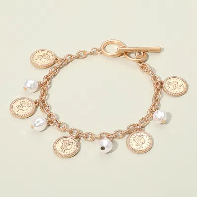 Fashnzfab Metal Coin Pearl Accent Charm Toggle Bracelet In Gold