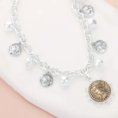 Fashnzfab Metal Coin Pearl Station Necklace In Silver
