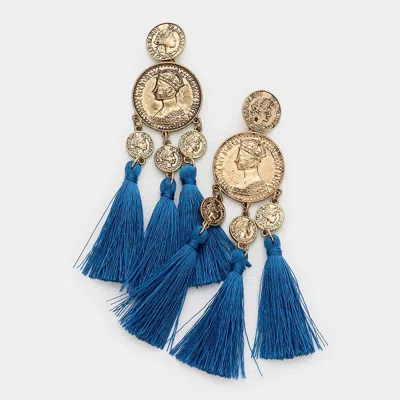 Fashnzfab Metal Coin Triple Tassel Dangle Earrings In Blue