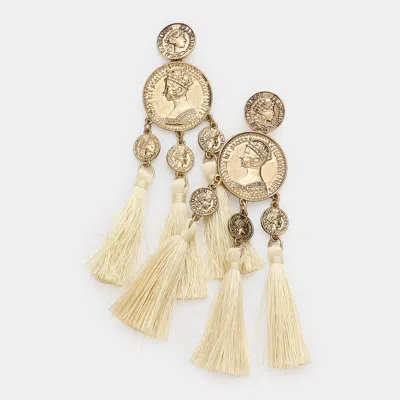 Fashnzfab Metal Coin Triple Tassel Dangle Earrings In Gold