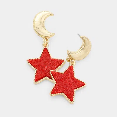 Fashnzfab Metal Crescent Moon Druzy Star Link Dangle Earrings - Red In Gold