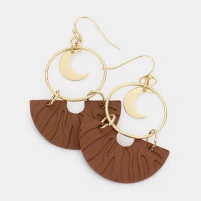 Fashnzfab Metal Crescent Moon Pattern Detailed Half Round Link Dangle Earrings - Brown