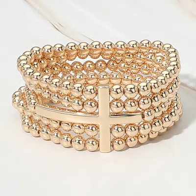 Fashnzfab Metal Cross Accent Layered Beaded Strand Stretch Bracelet In Gray