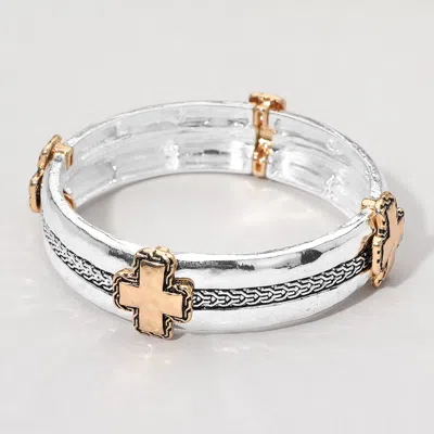 Fashnzfab Metal Cross Accent Textured Stretch Bracelet In Neutral