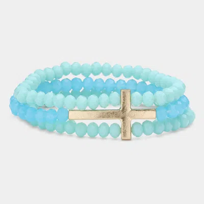 Fashnzfab Metal Cross Accented Faceted Beaded Stretch Bracelet Blue