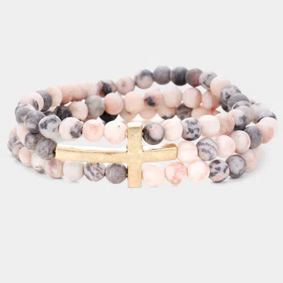 Fashnzfab Metal Cross Accented Triple Layered Semi Precious Stretch Bracelet Gray, Pink In Multi