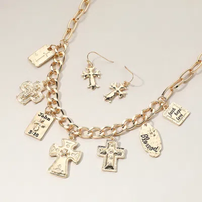 Fashnzfab Metal Cross Bible Charm Station Chunky Chain Necklace In Gold