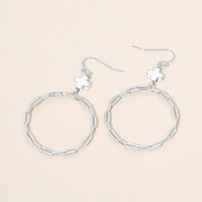 Fashnzfab Metal Cross Charm Accent Paperclip Chain Link Hoop Earrings In Silver