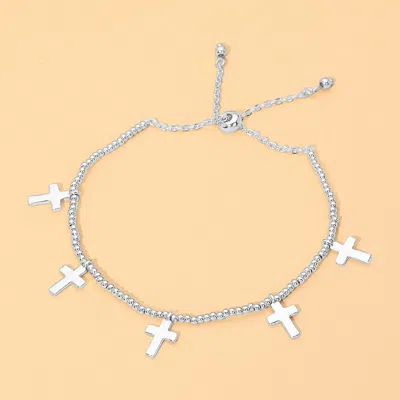 Fashnzfab Metal Cross Charm Beaded Adjustable Cinch Pull Tie Bracelets In Neutral