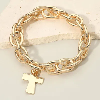 Fashnzfab Metal Cross Charm Chunky Chain Link Stretch Bracelet In Gold
