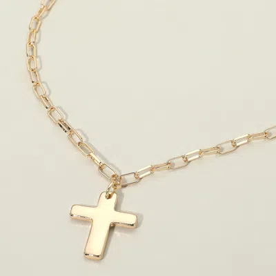 Fashnzfab Metal Cross Charm Pendant Paperclip Chain Necklace In Gold