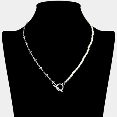 Fashnzfab Metal Cross Link Pearl Toggle Necklace In Silver