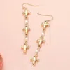 Fashnzfab Metal Cross Pearl Link Long Drop Earrings - Cream, Gold In Multi