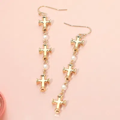 Fashnzfab Metal Cross Pearl Link Long Drop Earrings - Cream, Gold In Multi