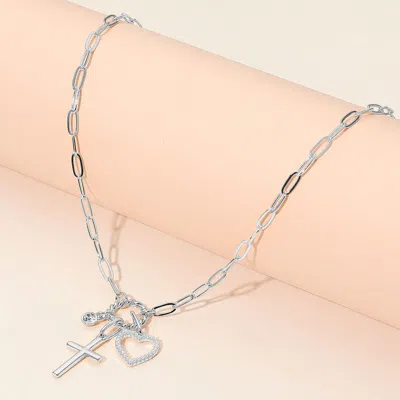 Fashnzfab Metal Cross Pearl Open Heart Charm Pendant Paperclip Chain Necklace In Silver