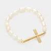 Fashnzfab Metal Cross Pearl Stretch Bracelet Cream, Gold In Multi